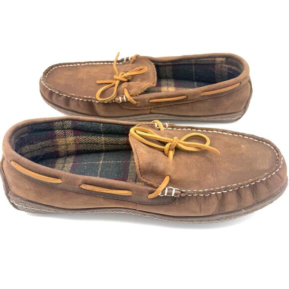 LL Bean Mens Flannel-Lined Moccasin Slippers Size 10M Brown Leather House Shoes - Picture 2 of 9